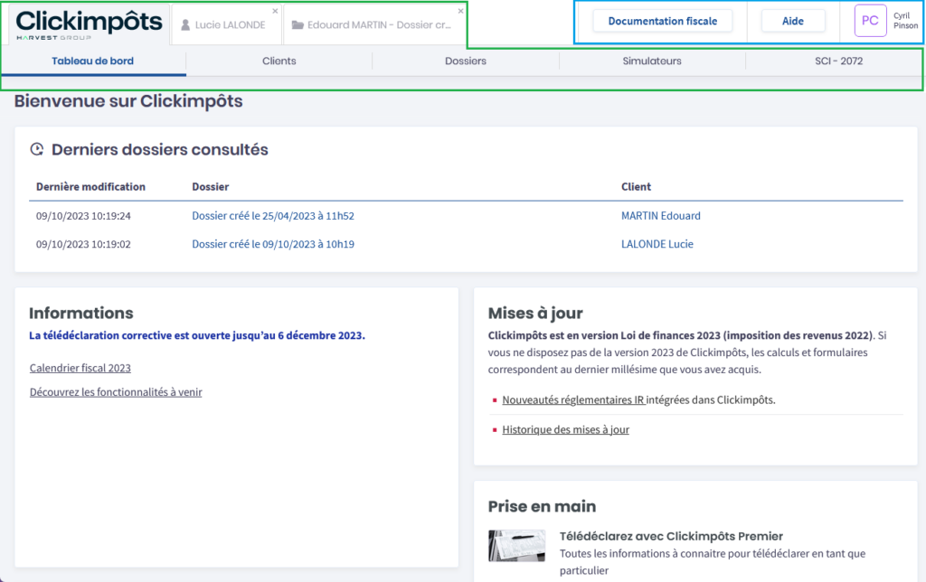 barre de menus entourée en vert.
barre d’outils entourée en bleu.